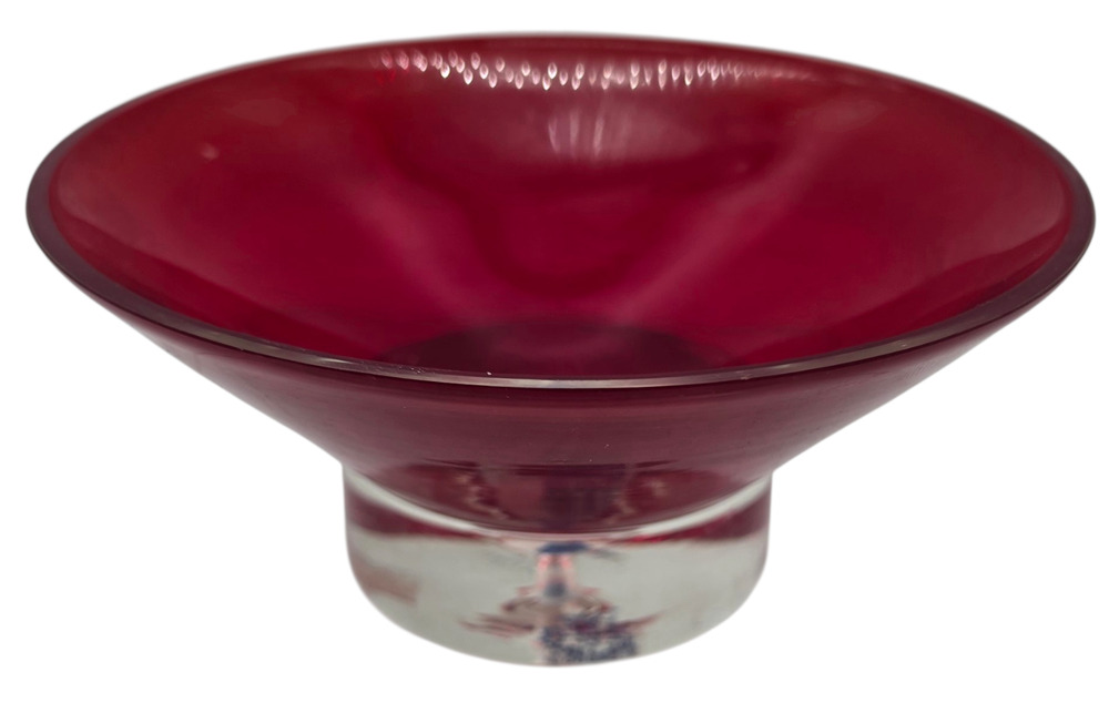 Red Art Glass Swedish Glass Bowl Clear Pedestal With Large Bubble